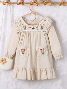 SHEIN Young Girl Floral Printed Princess Dress, Spring And Autumn - Apricot - View 1