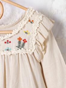 SHEIN Young Girl Floral Printed Princess Dress, Spring And Autumn - Apricot - View 4