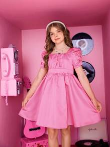 SHEIN Tween Girl Puff Sleeve Ruched Bust Dress - Hot Pink - View 3