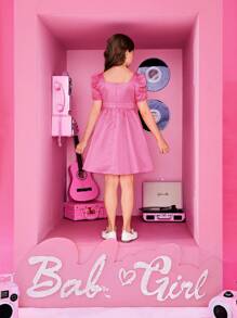 SHEIN Tween Girl Puff Sleeve Ruched Bust Dress - Hot Pink - View 2