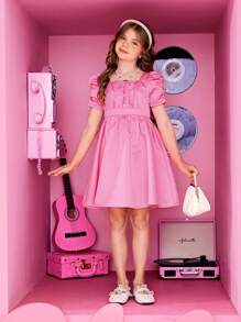 SHEIN Tween Girl Puff Sleeve Ruched Bust Dress - Hot Pink - View 5