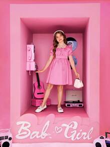 SHEIN Tween Girl Puff Sleeve Ruched Bust Dress - Hot Pink - View 6