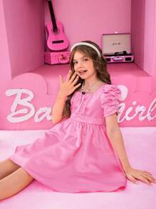 SHEIN Tween Girl Puff Sleeve Ruched Bust Dress - Hot Pink - View 1