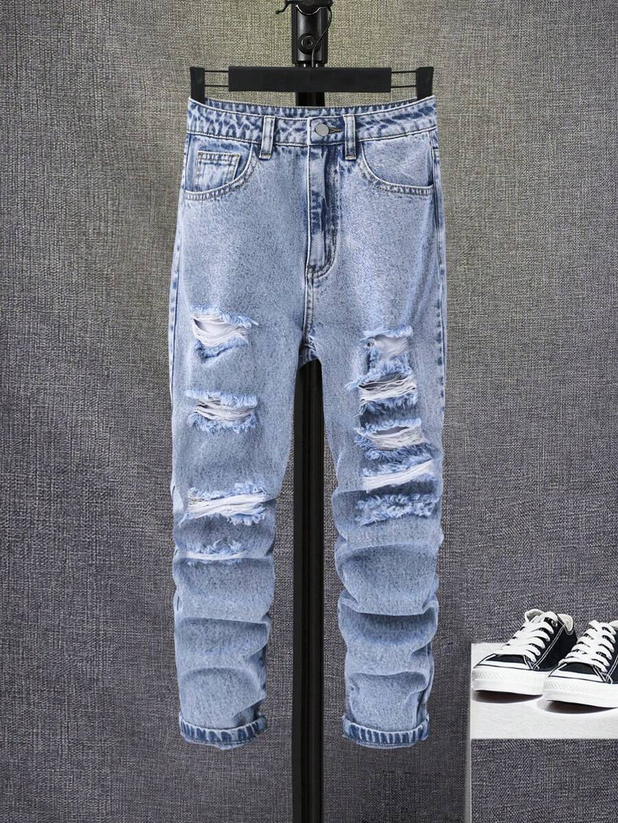SHEIN 男大童破洞抽鬚漂白水洗牛仔褲 - 淺色水洗藍 - 查看 1
