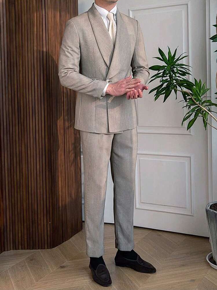 Men Solid Double Breasted Shawl Collar Blazer & Suit Pants