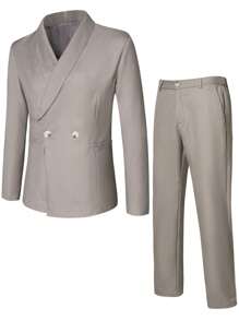 Manfinity Mode Men Solid Double Breasted Shawl Collar Blazer & Suit Trousers - Light Grey - View 6
