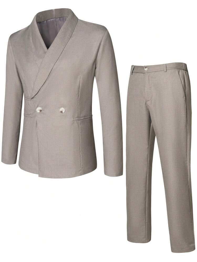 Men Solid Double Breasted Shawl Collar Blazer & Suit Pants