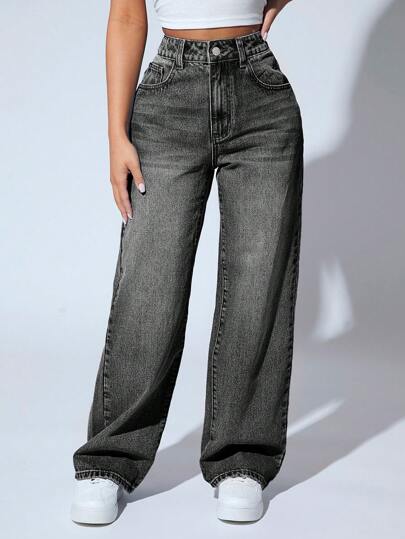 SHEIN PETITE Jeans de pierna recta de talle alto