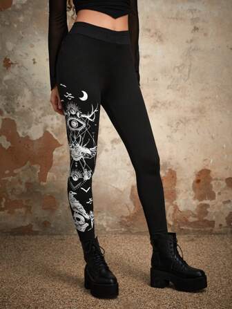 Goth Leggings de cráneo & ojo con estampado