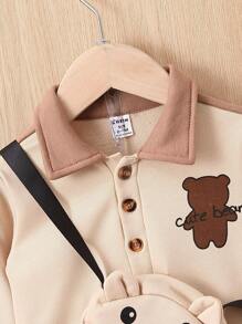 男嬰小熊印花拼接側邊接縫POLO衫和褲子&包 - 杏色 - 查看 3
