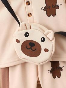 男嬰小熊印花拼接側邊接縫POLO衫和褲子&包 - 杏色 - 查看 4