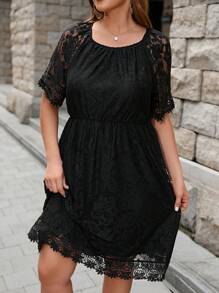 SHEIN Clasi Hơn Tay Raglan Lớp phủ ren Đầm - màu đen - Xem 5