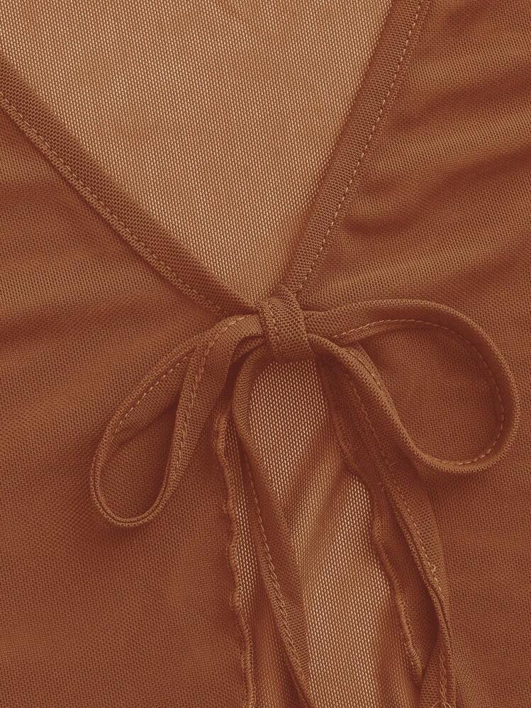 SHEIN ICON Tie Front Lettuce Trim Trumpet Sleeve Mesh Top - Brown - View 4