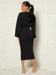 SHEIN SXY Drop Shoulder Drawstring Hoodie Dress In Fall/Winter - Black - View 2