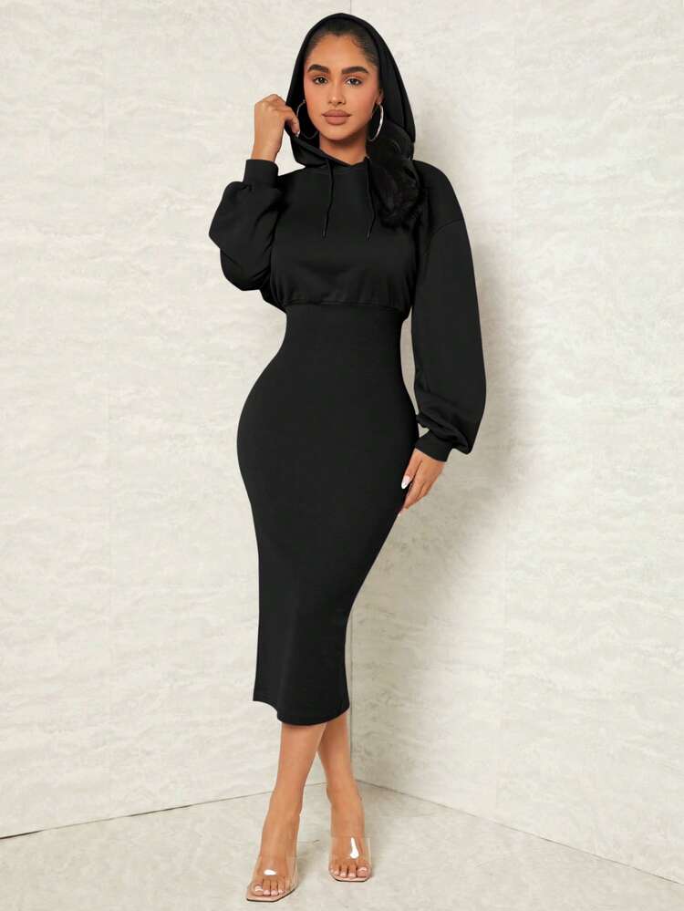 Drop Shoulder Drawstring Hoodie Dress In Fall/Winter