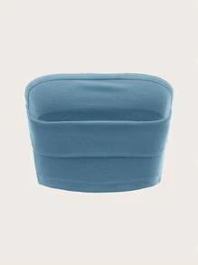 SHEIN ICON 純色針織女性簡約無肩帶上衣,適用於日常或度假 - 霧霾藍 - 查看 2