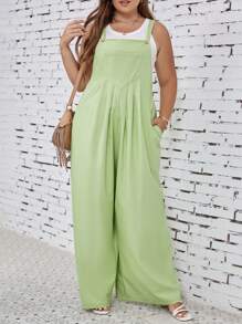 SHEIN LUNE 大碼素色斜口袋拼接細節背帶連身褲不附帶背心 - 薄荷綠 - 查看 1