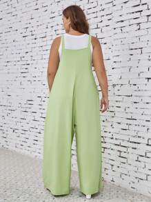 SHEIN LUNE 大碼素色斜口袋拼接細節背帶連身褲不附帶背心 - 薄荷綠 - 查看 2
