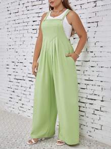SHEIN LUNE 大碼素色斜口袋拼接細節背帶連身褲不附帶背心 - 薄荷綠 - 查看 4