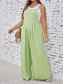 SHEIN LUNE 大碼素色斜口袋拼接細節背帶連身褲不附帶背心 - 薄荷綠 - 查看 5
