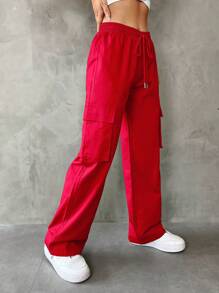 Muchica Flap Pocket Side Drawstring Waist Cargo Pants - Red - View 1
