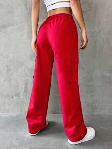Muchica Flap Pocket Side Drawstring Waist Cargo Pants - Red - View 2