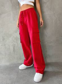 Muchica Flap Pocket Side Drawstring Waist Cargo Pants - Red - View 3
