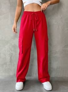 Muchica Flap Pocket Side Drawstring Waist Cargo Pants - Red - View 4