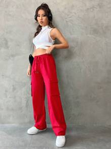 Muchica Flap Pocket Side Drawstring Waist Cargo Pants - Red - View 5