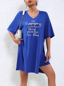 SHEIN Unity 標語圖案落肩袖下擺開叉T恤和短褲 - 藍色 - 查看 3