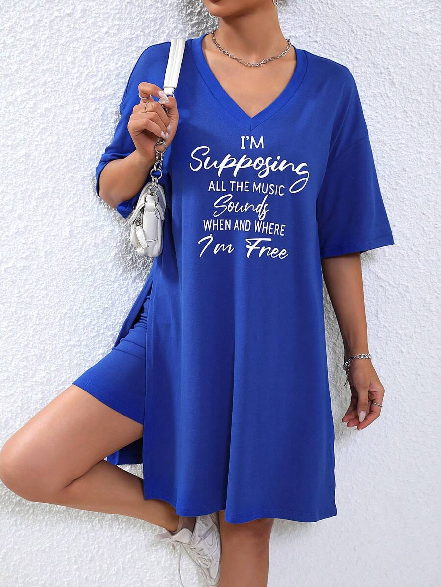 SHEIN Unity 標語圖案落肩袖下擺開叉T恤和短褲 - 藍色 - 查看 1