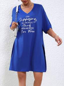 SHEIN Unity 標語圖案落肩袖下擺開叉T恤和短褲 - 藍色 - 查看 4