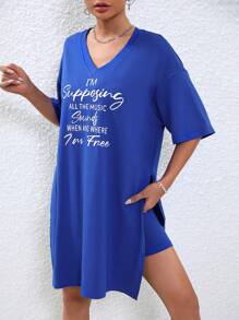 SHEIN Unity 標語圖案落肩袖下擺開叉T恤和短褲 - 藍色 - 查看 5
