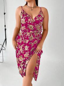 SHEIN Clasi 大碼印花高衩吊帶洋裝 - 玫紅色 - 查看 3