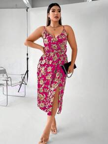 SHEIN Clasi 大碼印花高衩吊帶洋裝 - 玫紅色 - 查看 4