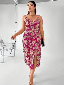 SHEIN Clasi 大碼印花高衩吊帶洋裝 - 玫紅色 - 查看 7