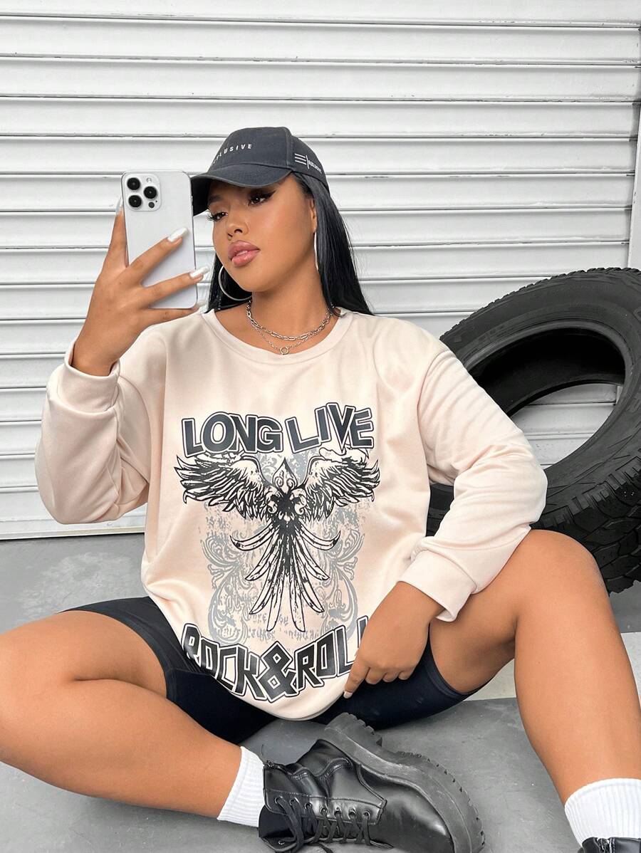 SHEIN MOOSTA Plus Letter & Butterfly Print Drop Shoulder Sweatshirt Pullover Fall Sweatshirt - Apricot - View 1