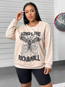 SHEIN MOOSTA Plus Letter & Butterfly Print Drop Shoulder Sweatshirt Pullover Fall Sweatshirt - Apricot - View 3
