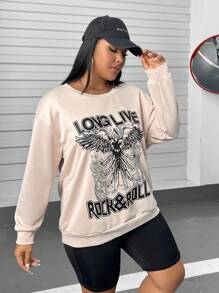 SHEIN MOOSTA Plus Letter & Butterfly Print Drop Shoulder Sweatshirt Pullover Fall Sweatshirt - Apricot - View 5