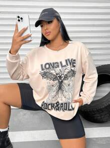 SHEIN MOOSTA Plus Letter & Butterfly Print Drop Shoulder Sweatshirt Pullover Fall Sweatshirt - Apricot - View 6