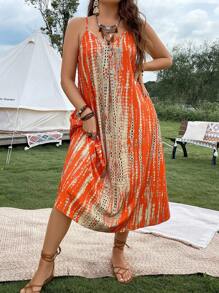 SHEIN LUNE 大码波西米亚风扎染吊带连衣裙，适合夏季 - 橘色 - 查看 1