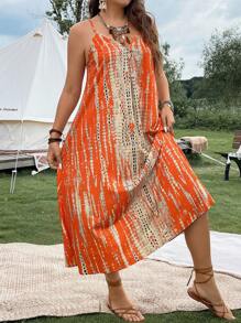 SHEIN LUNE 大码波西米亚风扎染吊带连衣裙，适合夏季 - 橘色 - 查看 3