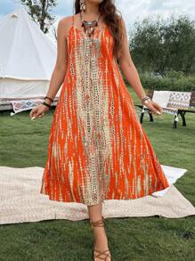 SHEIN LUNE 大码波西米亚风扎染吊带连衣裙，适合夏季 - 橘色 - 查看 5