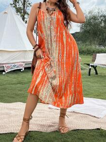 SHEIN LUNE 大码波西米亚风扎染吊带连衣裙，适合夏季 - 橘色 - 查看 6