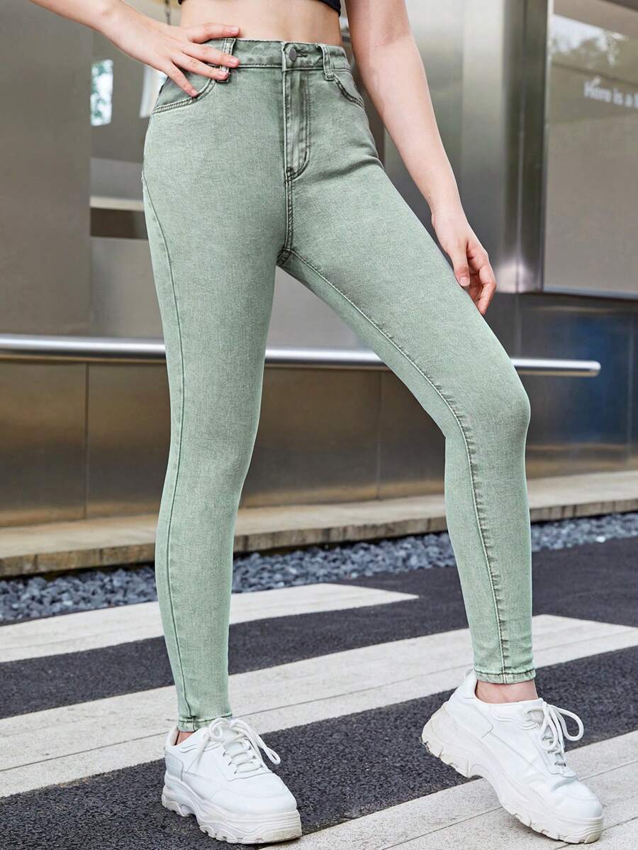 SHEIN Quần jean dây kéo cô gái tuổi teen - Màu xanh Bạc hà - Xem 1