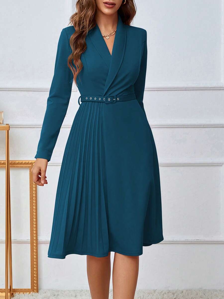 EMERY ROSE Shawl Collar Pleated Panel Belted Dress - Teal Blue - View 1