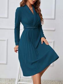 EMERY ROSE Shawl Collar Pleated Panel Belted Dress - Teal Blue - View 4