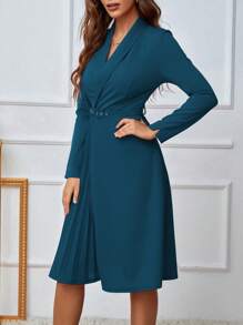EMERY ROSE Shawl Collar Pleated Panel Belted Dress - Teal Blue - View 5