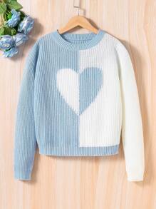 SHEIN Girls' Heart Patterned Drop Shoulder Sweater With Color Block - Blue and White - View 1