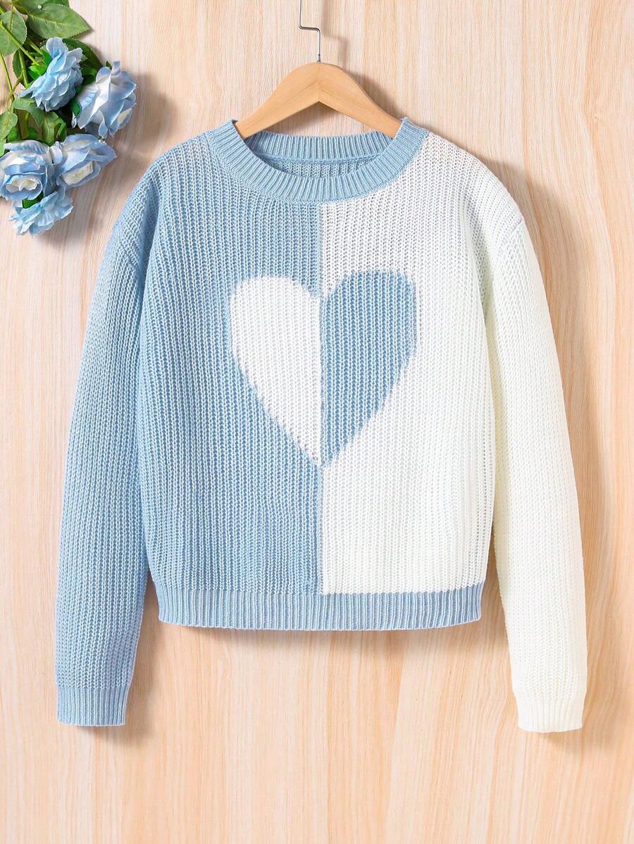 SHEIN Girls' Heart Patterned Drop Shoulder Sweater With Color Block - Blue and White - View 1